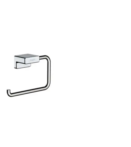 Toilettenpapierhalter von Hansgrohe in schlichtem Design, montiert an der Wand. Der Halter hat eine rechteckige Aufhängung in Chrom-Optik.